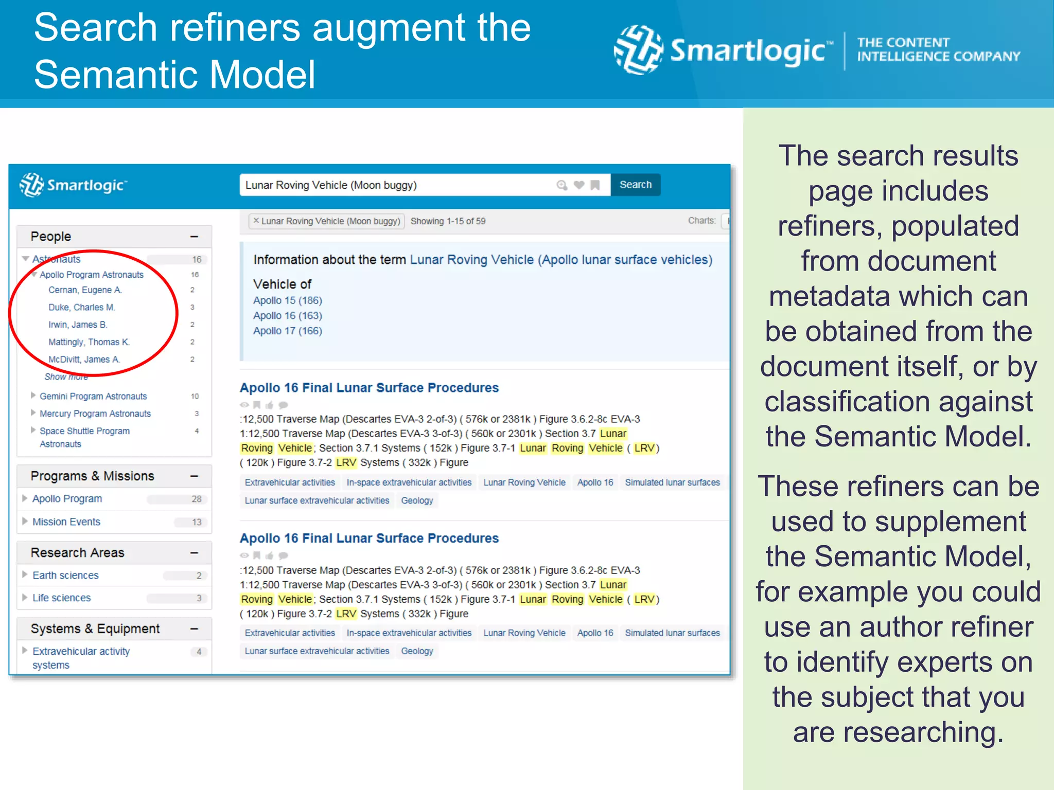 Search refiners augment the
Semantic Model
The search results
page includes
refiners, populated
from document
metadata which can
be obtained from the
document itself, or by
classification against
the Semantic Model.
These refiners can be
used to supplement
the Semantic Model,
for example you could
use an author refiner
to identify experts on
the subject that you
are researching.
 