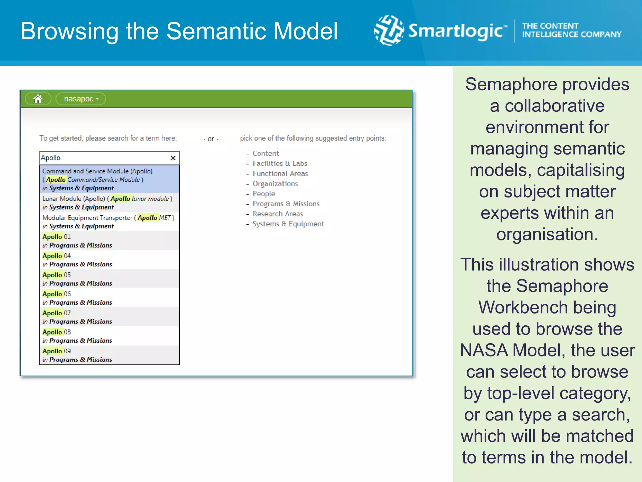 Model; High Level Concepts
Browsing the Semantic Model
Semaphore provides
a collaborative
environment for
managing semantic
models, capitalising
on subject matter
experts within an
organisation.
This illustration shows
the Semaphore
Workbench being
used to browse the
NASA Model, the user
can select to browse
by top-level category,
or can type a search,
which will be matched
to terms in the model.
 