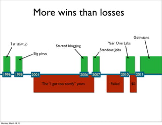 More wins than losses

                                                                                        GoInstant
         1st startup                                                 Year One Labs
                                      Started blogging
                                                                Standout Jobs
                       Big pivot




 1996         1998     2001                           2006   2007               2010        2011

                              The “I got too comfy” years             Failed           $0




Monday, March 18, 13
 