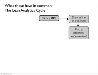 What these have in common:
      The Lean Analytics Cycle
                          Pick a KPI   Draw a line
                                       in the sand


                                          Find a
                                         potential
                                       improvement




Monday, March 18, 13
 