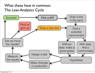 What these have in common:
      The Lean Analytics Cycle
        Success!                          Pick a KPI               Draw a line
                                                                   in the sand
                        Pivot or
                        give up          Draw a new line             Find a
                                                                    potential
                                                                  improvement

       Did we move
       the needle?                                           Without       With data:
                                                           data: make a      ﬁnd a
                                                           good guess     commonality
                                   Design a test
           Measure
          the results                                              Hypothesis
                                   Make changes
                                   in production
Monday, March 18, 13
 