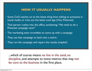 HOW IT USUALLY HAPPENS

       • Some CxO catches on to the latest thing from talking to someone in
            social media, or tries out the latest cool app (Vine, Pinterest)
       • That person rushes into the ofﬁce, exclaiming, “We need to do a
            Pinterest campaign now!”
       • The marketing team scrambles to come up with a campaign
       • They use that campaign to back into a metric
       • They run the campaign and report the results (maybe!)


              ...which of course means no line in the sand, no
              discipline, and attempts to move metrics that may not
              be core to the business in the ﬁrst place.

Monday, March 18, 13
 