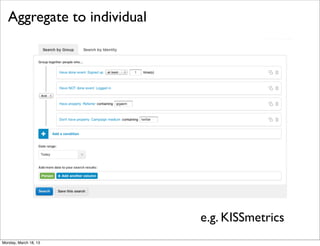 Aggregate to individual
        Aggregate to individual




                             e.g. KISSmetrics
Monday, March 18, 13
 