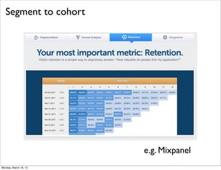 Segment to cohort
                       Segment to cohort




                                           e.g. Mixpanel
Monday, March 18, 13
 