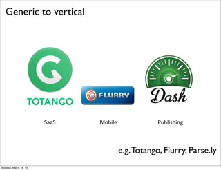 Generic to vertical
                       Generic to vertical




                         SaaS'       Mobile'           Publishing'



                                           e.g. Totango, Flurry, Parse.ly
Monday, March 18, 13
 