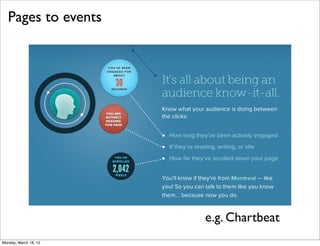 Pages to events
                       Pages to events




                                         e.g. Chartbeat
Monday, March 18, 13
 