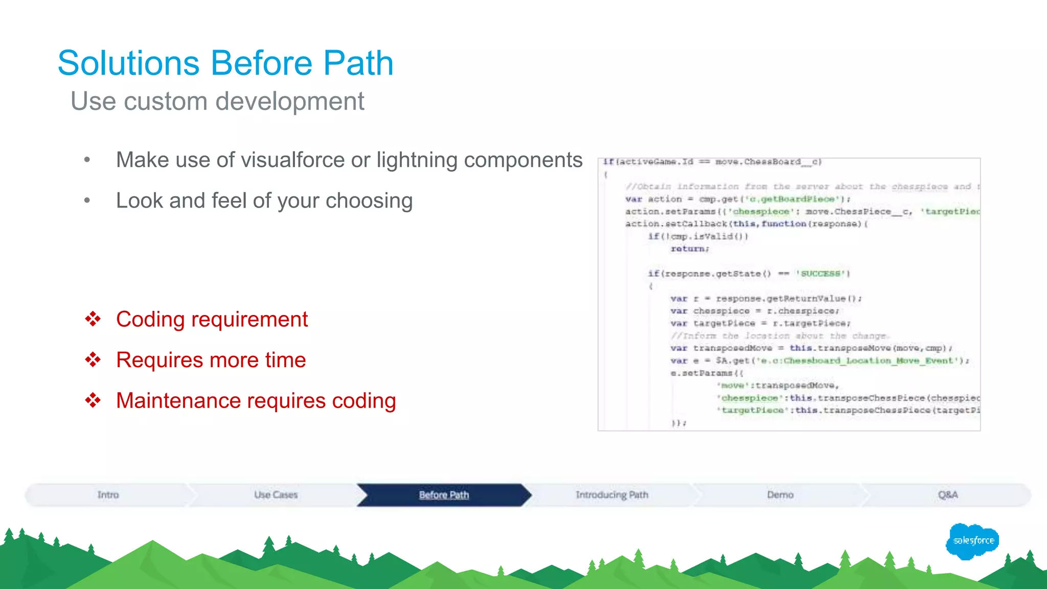 Solutions Before Path
• Make use of visualforce or lightning components
• Look and feel of your choosing
Use custom development
 Coding requirement
 Requires more time
 Maintenance requires coding
 