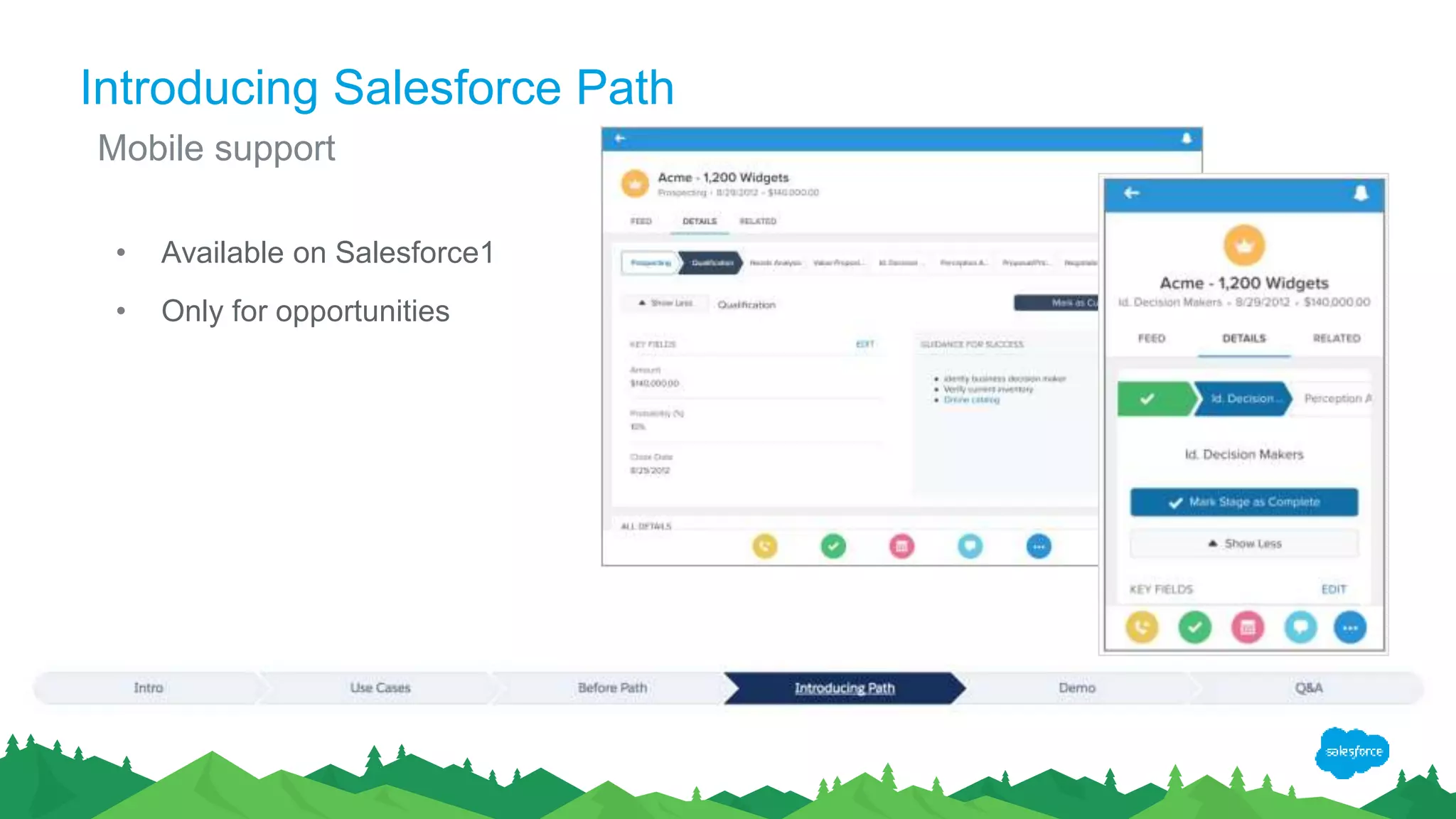 Introducing Salesforce Path
• Available on Salesforce1
• Only for opportunities
Mobile support
 