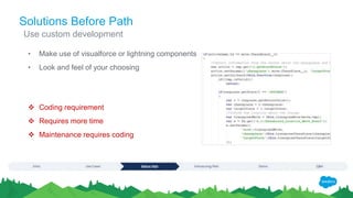 Solutions Before Path
• Make use of visualforce or lightning components
• Look and feel of your choosing
Use custom development
 Coding requirement
 Requires more time
 Maintenance requires coding
 