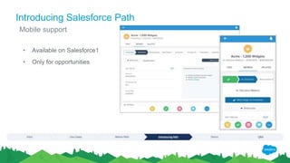 Introducing Salesforce Path
• Available on Salesforce1
• Only for opportunities
Mobile support
 
