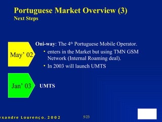 Portuguese Market Overview (3) Next Steps May’ 02 Oni-way :   The 4 th  Portuguese Mobile Operator. enters in the Market but using TMN GSM Network (Internal Roaming deal). In 2003 will launch UMTS Jan’ 03 UMTS 