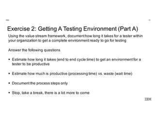 13IBM
Innovate. Disrupt.
Transform. Fast.
@Enterprise Scale.
Exercise 2: Getting A Testing Environment (Part A)
Using the value stream framework, documenthow long it takes for a tester within
your organization to get a complete environment ready to go for testing
Answer the following questions
§ Estimate how long it takes (end to end cycle time) to get an environment for a
tester to be productive
§ Estimate how much is productive (processing time) vs. waste (wait time)
§ Document the process steps only
§ Stop, take a break, there is a lot more to come
 