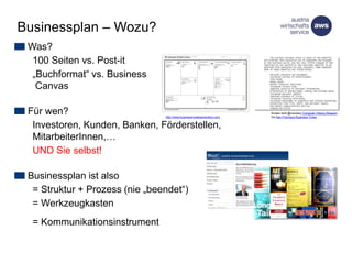 Was?
100 Seiten vs. Post-it
„Buchformat“ vs. Business
Canvas
Für wen?
Investoren, Kunden, Banken, Förderstellen,
MitarbeiterInnen,…
UND Sie selbst!
Businessplan ist also
= Struktur + Prozess (nie „beendet“)
= Werkzeugkasten
= Kommunikationsinstrument
Businessplan – Wozu?
Screen shot @courtesy Computer History Museum
Via San Francisco Business Timeshttp://www.businessmodelgeneration.com
 