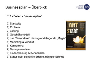 Businessplan – Überblick
“10 - Folien - Businessplan”
0) Startseite
1) Problem
2) Lösung
3) Geschäftsmodell
4) das “Besondere”, die zugrundeliegende „Magie“
5) Marketing & Verkauf
6) Konkurrenz
7) Managementteam
8) Finanzplanung & Kennzahlen
9) Status quo, bisherige Erfolge, nächste Schritte
 