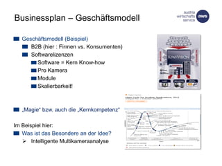 Businessplan – Geschäftsmodell
Geschäftsmodell (Beispiel)
B2B (hier : Firmen vs. Konsumenten)
Softwarelizenzen
Software = Kern Know-how
Pro Kamera
Module
Skalierbarkeit!
„Magie“ bzw. auch die „Kernkompetenz“
Im Beispiel hier:
Was ist das Besondere an der Idee?
 Intelligente Multikameraanalyse
 