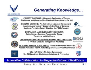 Generating Knowledge
             PRIMARY CARE 2025: A Scenario Exploration of Forces,
          Challenges, and Opportunities Shaping Primary Care in the U.S.

          GENOMIC MEDICINE: An Active Consortium of Government,
            Academic, and Industry Leaders in the Field of Genomic
            Medicine Providing Expert Direction for PC2Z Program

               DOD/VA iEHR and GOVERNMENT HIE SUMMIT:
                Establishing a Common Roadmap for Today,
                         Tomorrow, and the Future

         OPEN SOURCE SOFTWARE of the MILITARY HEALTH SYSTEM:
                A Product Lifecycle Management Workshop

        VETERANS AFFAIRS ROUNDTABLE: Future Performance Metrics to
        Assess Population Health, Patient Experience, and Healthcare Value

                    USU-HJF Military Medicine Symposium:
             The TBI Spectrum, Challenges, Initiatives, & Prevention


Innovative Collaboration to Shape the Future of Healthcare
              Integrity - Service - Excellence                               10
 