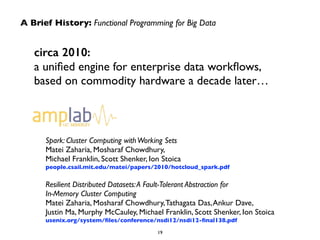 A Brief History: Functional Programming for Big Data 
circa 2010: 
a unified engine for enterprise data workflows, 
based on commodity hardware a decade later… 
Spark: Cluster Computing with Working Sets 
Matei Zaharia, Mosharaf Chowdhury, 
Michael Franklin, Scott Shenker, Ion Stoica 
people.csail.mit.edu/matei/papers/2010/hotcloud_spark.pdf 
! 
Resilient Distributed Datasets: A Fault-Tolerant Abstraction for 
In-Memory Cluster Computing 
Matei Zaharia, Mosharaf Chowdhury, Tathagata Das, Ankur Dave, 
Justin Ma, Murphy McCauley, Michael Franklin, Scott Shenker, Ion Stoica 
usenix.org/system/files/conference/nsdi12/nsdi12-final138.pdf 
19 
 