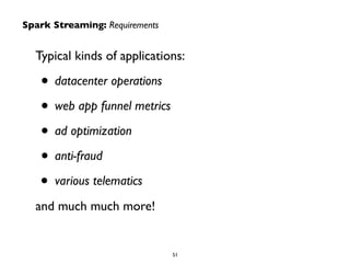 Spark Streaming: Requirements 
Typical kinds of applications: 
• datacenter operations 
• web app funnel metrics 
• ad optimization 
• anti-fraud 
• various telematics 
and much much more! 
51 
 