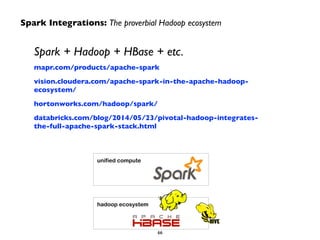 Spark Integrations: The proverbial Hadoop ecosystem 
Spark + Hadoop + HBase + etc. 
mapr.com/products/apache-spark 
vision.cloudera.com/apache-spark-in-the-apache-hadoop-ecosystem/ 
hortonworks.com/hadoop/spark/ 
databricks.com/blog/2014/05/23/pivotal-hadoop-integrates-the- 
full-apache-spark-stack.html 
unified compute 
hadoop ecosystem 
66 
 