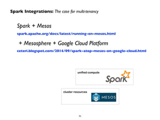 Spark Integrations: The case for multi-tenancy 
Spark + Mesos 
spark.apache.org/docs/latest/running-on-mesos.html 
+ Mesosphere + Google Cloud Platform 
ceteri.blogspot.com/2014/09/spark-atop-mesos-on-google-cloud.html 
unified compute 
cluster resources 
71 
 