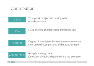 Contribu?on 
GOAL 
HOW 
OUTPUT 
Towards Analysing Non-Determinism in Bidirectional Transformations – Romina Eramo 
ADVANTAGE 
To support designers in dealing with 
non-­‐determinism 
Sta?c analysis of bidirec?onal transforma?on 
Degree of non-­‐determinism of the transforma?on 
Non-­‐determinis?c por?ons of the transforma?on 
Analysis at design ?me 
Detec?on of code ambiguity before the execu?on 
 