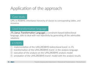 Applica?on of the approach 
UML to RDBMS, inheritance hierarchy of classes to corresponding tables, and 
viceversa 
Used transforma?on language 
JTL (Janus Transforma?on Language), a constraint-­‐based bidirec?onal 
language, able to deal with non-­‐bijec?vity by genera?ng all the admissible 
solu?ons 
4 STEPS 
Towards Analysing Non-Determinism in Bidirectional Transformations – Romina Eramo 
Case study 
① implementa?on of the UML2RDBMS bidirec?onal transf. in JTL 
② transforma?on of the UML2RDBMS transf. in the analysis language 
③ execu?on of the analysis on the UML2RDBMS analysis model 
④ annota?on of the UML2RDBMS transf. model with the analysis results 
 