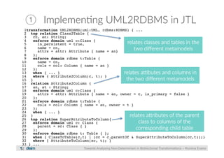 ① Implemen?ng UML2RDBMS in JTL 
1transformation UML2RDBMS(uml:UML, rdbms:RDBMS) { ...! 
2 top relation Class2Table {! 
3 cn, an: String;! 
4 enforce domain uml c:Class {! 
5 is_persistent = true,! 
relates classes and tables in the 
6 name = cn,! 
two different metamodels 
7 attrs = attr: Attribute { name = an}! 
8 };! 
9 enforce domain rdbms t:Table {! 
10 name = cn,! 
11 cols = col: Column { name = an }! 
12 };! 
13 when { ... }! 
relates albutes and columns in 
14 where { Attribute2Column(c, t); }! 
15 }! 
the two different metamodels 
16 relation Attribute2Column {! 
17 an, at : String;! 
18 enforce domain uml c:Class {! 
19 attrs = attr: Attribute { name = an, owner = c, is_primary = false }! 
20 };! 
21 enforce domain rdbms t:Table {! 
22 cols = col: Column { name = an, owner = t }! 
23 };! 
24 when { ... }! 
25 }! 
relates aributes of the parent 
26 top relation SuperAttributeToColumn{! 
27 enforce domain uml c: Class {! 
class to columns of the 
28 parent = sc: Class { }! 
29 };! 
corresponding child table 
30 enforce domain rdbms t: Table { };! 
31 when { ClassToTable(c,t) | (cc = c.parentOf & SuperAttributeToColumn(cc,t));}! 
32 where { AttributeToColumn(sc, t); }! 
33 } ...! 
Towards Analysing Non-Determinism in Bidirectional Transformations – Romina Eramo 
 