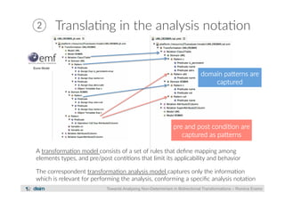 ② Transla?ng in the analysis nota?on 
domain paerns are 
captured 
pre and post condi?on are 
captured as paerns 
A transforma?on model consists of a set of rules that define mapping among 
elements types, and pre/post con??ons that limit its applicability and behavior 
The correspondent transforma?on analysis model captures only the informa?on 
which is relevant for performing the analysis, conforming a specific analysis nota?on 
Towards Analysing Non-Determinism in Bidirectional Transformations – Romina Eramo 
 