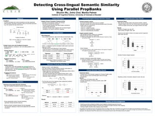 Detecting Cross-lingual Semantic Similarity
Using Parallel PropBanks
Shumin Wu, Jinho Choi, Martha Palmer
Institute of Cognitive Science, University of Colorado at Boulder
Resource
PropBank
- A corpus annotated with verbal propositions and their arguments.
- Adds semantic information (semantic roles) to the phrase structures.
- e.g. John opened the door with his foot
Parallel Corpus each with PropBank Annotation
-Parallel sentences: a sentence s and t are called parallel if t is a
translation of s.
Chinese Sentence:
大 通道 建设 搞活 了 大 西南 的 物流、 人流、
信息流，
big passage construction invigorate big southwest material flow people flow information flow
促进了 沿海 港口 城市 经济 的 发展。
promote coastal port city economy develop
Propbank Annotations:
English Sentence:
Construction of the main passage has activated the flow of
materials , the flow of people and the flow of information in the
great southwest , and has promoted development in the coastal
port cities’ economies .
PropBank Annotations:
Phrase Structure
PropBank Annotations
搞活.01:
Arg0:大通道建设
Arg1:大西南的物流、人流、信息流
促进.01:
Arg0:大通道建设
Arg1:沿海港口城市经济的发展
activate.01:
Arg0: construction of the main passage
Arg1: the flow of materials , the flow of
people and the flow of information
Argm-loc: in the great southwest
promote.01:
Arg0: construction of the main passage
Arg1: development
Argm-loc: in the coastal port cities’
economies
Motivation
Detecting Cross-lingual Semantic Similarity
- Align the PropBank annotations between parallel corpus
- Group semantically similar Chinese proposition
: generate Chinese semantic resource
- Deduce semantic similarity between the two languages
: use semantic mapping to improve word alignment and machine
translation
搞活.01:
Arg0:大通道建设
Arg1:大西南的物流、人流、信息流
促进.01:
Arg0:大通道建设
Arg1:沿海港口城市经济的发展
activate.01:
Arg0: construction of the main passage
Arg1: the flow of materials , the flow of
people and the flow of information
Argm-loc: in the great southwest
promote.01:
Arg0: construction of the main passage
Arg1: development
Argm-loc: in the coastal port cities’
economies
Word Alignment
Word Alignment:
- Given parallel sentences, align words that are semantically close.
- GIZA++: a statistical machine translation toolkit used to train word-
alignment models.
: provides word to word alignment in each direction
: using only GIZA++ to find parallel predicate pairs misses close to
20% of predicate occurrences compared to human annotator:
Percentage of aligned predicates on 200 random
Sentences in the Xinhua Corpus
Evaluating English-Chinese Semantic Classes
Chinese semantic classes
- No current Chinese verb class resource available
- Manually evaluate verb groups (that semantically map to the same
English verb) on a scale of 0-3
: score of 0: not related
: score of 1: related in context
: score of 2: hypernym/hyponym relations
: score of 3: direct/dictionary translation
English semantic classes
- Use WordNet semantic relations for evaluation
- Merging through hypernym relationship
Ex: Taxonomy of {decrease, drop, fall}, indicates decrease is hypernym of drop
and synonym of fall:
- Sense merging
Ex: Taxonomy of {sponsor, hold}, indicates sponsor is the hyponym of support.1,
and support.4 is synonym of hold
- Number of semantic classes after merging
Ex: Taxonomy of {appear, occur, emerge, exhibit. Even after sense merging,
WordNet did not find any relationship between exhibit and the other verbs,
resulting 2 semantic classes
Corpus Description
English Chinese Translation Treebank (ECTB)
- A parallel corpus between English and Chinese
- The corpus is divided into two parts
: Xinhua Chinese newswire with literal English translations
(4,363 parallel sentences)
: Sinorama Chinese news magazine with non-literal English
translations (not used for semantic mapping)
Symmetric Predicate Mapping (SPM)
- Based on GIZA++ word alignment
- Pair-wise similarity measure between semantic roles based on
aligned words of the predicate and arguments
: weighs alignment of predicate and main arguments (ARG0, ARG1)
more heavily over other arguments
: use both Chinese/English and English/Chinese GIZA++ word
alignment output to generate a bidirectional similarity measure
(harmonic mean of the two)
- Find the best one-to-one mapping (linear assignment problem)
using Kuhn-Munkres method:
- Ex:
Matches:
搞活.01 ↔ activate.01, 促进.01 ↔ promote.01
Results
Alignment GIZA++ Human Annotator
Ch.pred → En.pred 48.1% 60.1%
En.pred → Ch.pred 59.2% 73.8%
Ch.pred ↔ En.pred 53.1% 66.3%
1 2
2
ECCE
ECCE
SYM
SimSimβ
SimSim
)β(Sim



 
  j
ij
i
ij
Ci Ej
ijijSYM xxxSim
x
1,1,maxarg ,
activate.01 promote.01
搞活.01 0.77 0.25
促进.01 0.23 0.49
Method precision recall F-score
GIZA++ 84.2% 67.5% 74.9%
SPM 87.0% 88.1% 87.5%
Construction of the main passage hasactivated flow of materials thein great southwest
大 通道 建设 搞活 了 大 西南 的 物流
the
English Semantic Class Results
Experiment Setup
- Start with the Chinese verbs in the previous section, retrieve
mapped English verbs from the Xinhua corpus (excluding light
verbs and single occurrences, and single member verb sets)
Results
- Number of English verb sets: 57
- Total number of English verbs: 127
Taxonomy tree height of verbs to its lowest common hypernym
within each verb set:
Number of sense merges required:
Resulting number of semantic classes for each verb set:
Summary and Acknowledgements
- Exploring symmetric predicate similarity using PropBank predicate-argument structure
- Automatically generating English-to-Chinese and Chinese-to-English semantic class mapping
- Verifying English semantic class mapping using WordNet
We gratefully acknowledge the support of the National Science Foundation Grants CISE- CRI-0551615, and a grant from the Defense Advanced Research Projects Agency
(DARPA/IPTO) under the GALE program, DARPA/CMO Contract No. HR0011-06-C-0022, subcontract from BBN, Inc. Any opinions, findings, and conclusions or recommendations
expressed in this material are those of the authors and do not necessarily reflect the views of the National Science Foundation.
Chinese Semantic Class Results
Experiment Setup
- Choose the 50 most diversely-mapped (to Chinese) English verbs
from the Xinhua corpus (excluding light verbs and single
occurrences)
Results
- Total number of Chinese verbs: 218
- Average membership of Chinese semantic class: 4.36
- Human score:
 