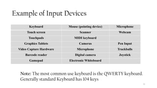 15
Example of Input Devices
Keyboard Mouse (pointing device) Microphone
Touch screen Scanner Webcam
Touchpads MIDI keyboard
Graphics Tablets Cameras Pen Input
Video Capture Hardware Microphone Trackballs
Barcode reader Digital camera Joystick
Gamepad Electronic Whiteboard
Note: The most common use keyboard is the QWERTY keyboard.
Generally standard Keyboard has 104 keys
 