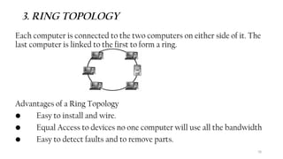 78
3. RING TOPOLOGY
Each computer is connected to the two computers on either side of it. The
last computer is linked to the first to form a ring.
Advantages of a Ring Topology
• Easy to install and wire.
• Equal Access to devices no one computer will use all the bandwidth
• Easy to detect faults and to remove parts.
 