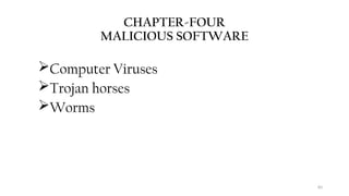 83
CHAPTER-FOUR
MALICIOUS SOFTWARE
Computer Viruses
Trojan horses
Worms
 