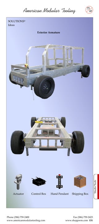 American Modular Tooling
 SOLUTIONS®
 Ideas

                       Exterior Armature




    Actuator       Control Box   Hand Pendant   Shipping Box




Phone (586) 759-2400                            Fax (586) 759-2423
www.americanmodulartooling.com             www.shoppwm.com 131
 
