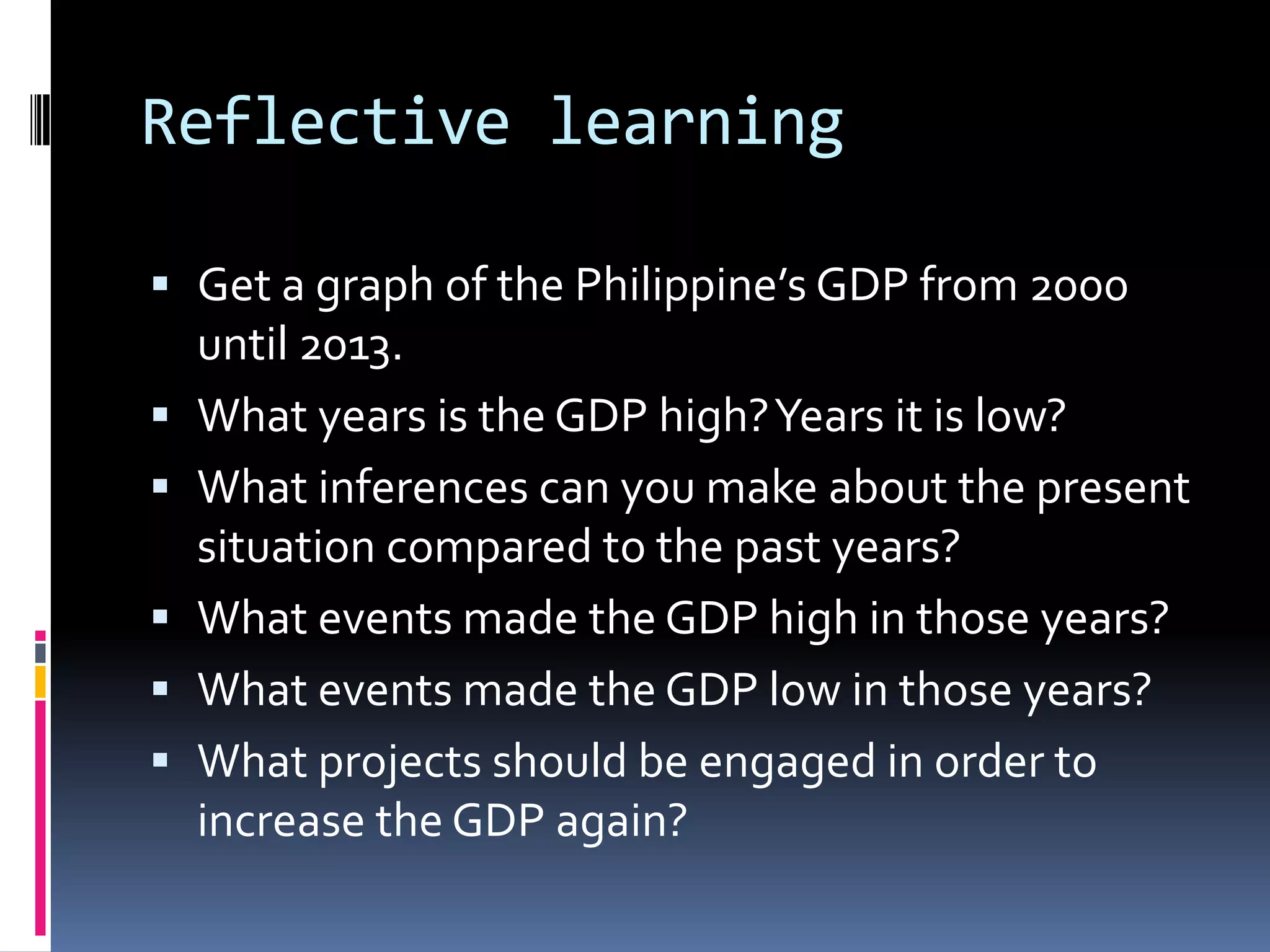 Reflective learning
 Get a graph of the Philippine’s GDP from 2000
until 2013.
 What years is the GDP high?Years it is low?
 What inferences can you make about the present
situation compared to the past years?
 What events made the GDP high in those years?
 What events made the GDP low in those years?
 What projects should be engaged in order to
increase the GDP again?
 