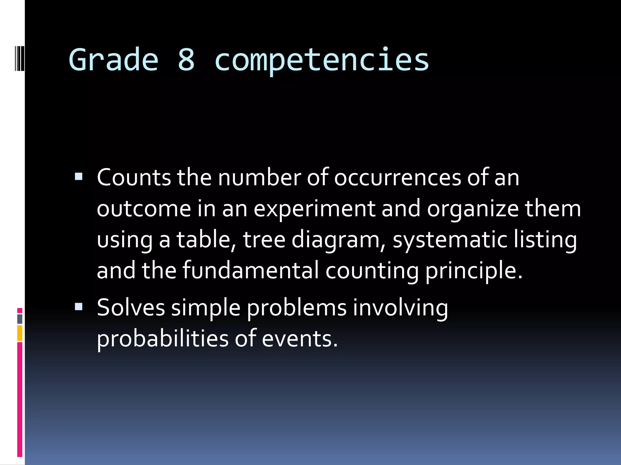 Grade 8 competencies
 Counts the number of occurrences of an
outcome in an experiment and organize them
using a table, tree diagram, systematic listing
and the fundamental counting principle.
 Solves simple problems involving
probabilities of events.
 