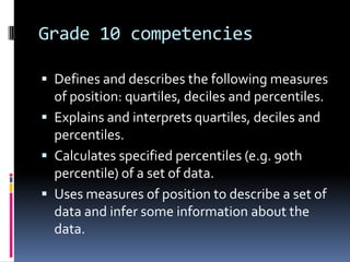 Grade 10 competencies
 Defines and describes the following measures
of position: quartiles, deciles and percentiles.
 Explains and interprets quartiles, deciles and
percentiles.
 Calculates specified percentiles (e.g. 90th
percentile) of a set of data.
 Uses measures of position to describe a set of
data and infer some information about the
data.
 