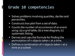 Grade 10 competencies
 Solves problems involving quartiles, deciles and
percentiles.
 Constructs box plot from a set of data.
 Counts the number of occurrences of an event
using: (a) a grid table; (b) a tree diagram; (c)
systematic listing.
 Derives and uses the formula for finding the
permutation of n objects taken r at a time.
 Defines a combination of n objects taken r at a
time as a subset.
 