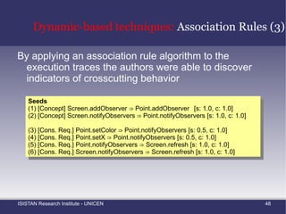 Static-based techniques:  Fan-In Analysis (3) Fan-in application on JHotDraw 5.4b1 Method Fan-in Concern framework.Figure.willChange()  25 Observer standard.AbstractFigure.changed()  37 Observer util.StorableInput.readInt()  22 Persistence util.StorableOutput.writeInt(int)  21 Persistence util.UndoableAdapter.undo()  24 Undo util.Undoable.isRedoable()  24 Undo 