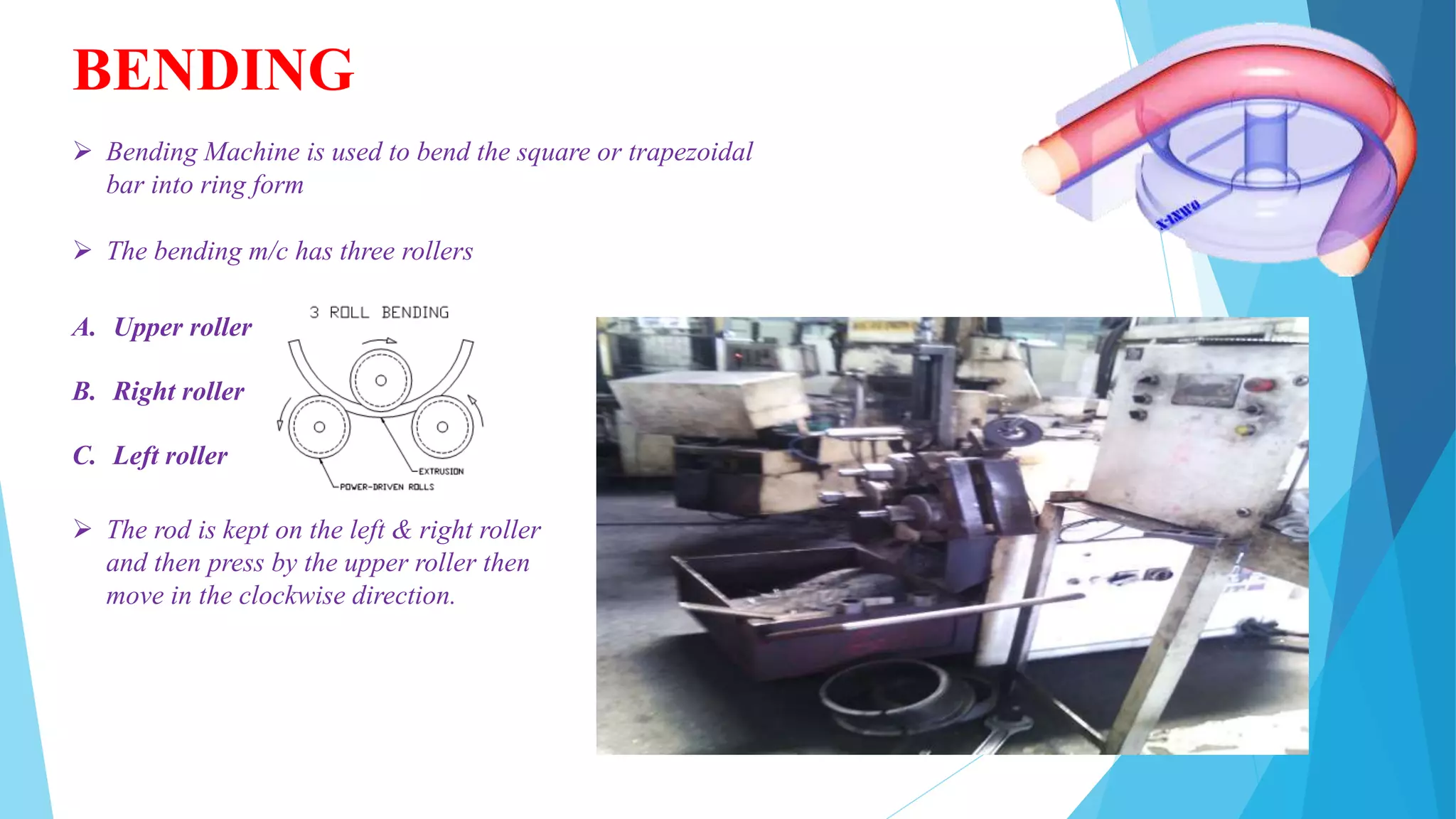BENDING
 Bending Machine is used to bend the square or trapezoidal
bar into ring form
 The bending m/c has three rollers
A. Upper roller
B. Right roller
C. Left roller
 The rod is kept on the left & right roller
and then press by the upper roller then
move in the clockwise direction.
 
