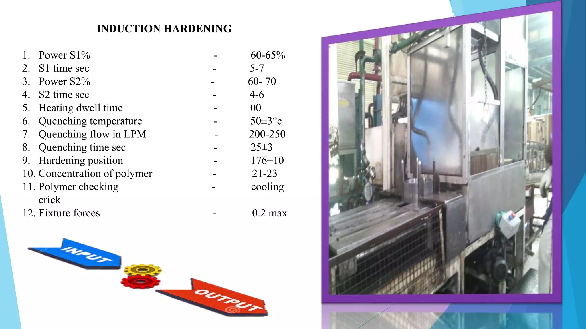 INDUCTION HARDENING
1. Power S1% - 60-65%
2. S1 time sec - 5-7
3. Power S2% - 60- 70
4. S2 time sec - 4-6
5. Heating dwell time - 00
6. Quenching temperature - 50±3°c
7. Quenching flow in LPM - 200-250
8. Quenching time sec - 25±3
9. Hardening position - 176±10
10. Concentration of polymer - 21-23
11. Polymer checking - cooling
crick
12. Fixture forces - 0.2 max
 