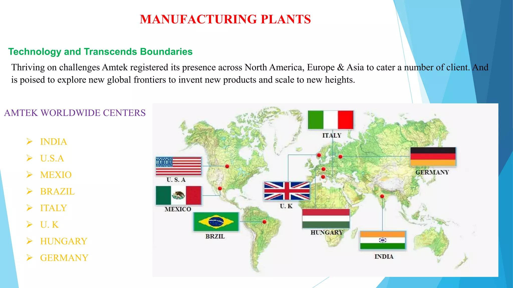 MANUFACTURING PLANTS
Technology and Transcends Boundaries
Thriving on challenges Amtek registered its presence across North America, Europe & Asia to cater a number of client. And
is poised to explore new global frontiers to invent new products and scale to new heights.
AMTEK WORLDWIDE CENTERS
 INDIA
 U.S.A
 MEXIO
 BRAZIL
 ITALY
 U. K
 HUNGARY
 GERMANY
 