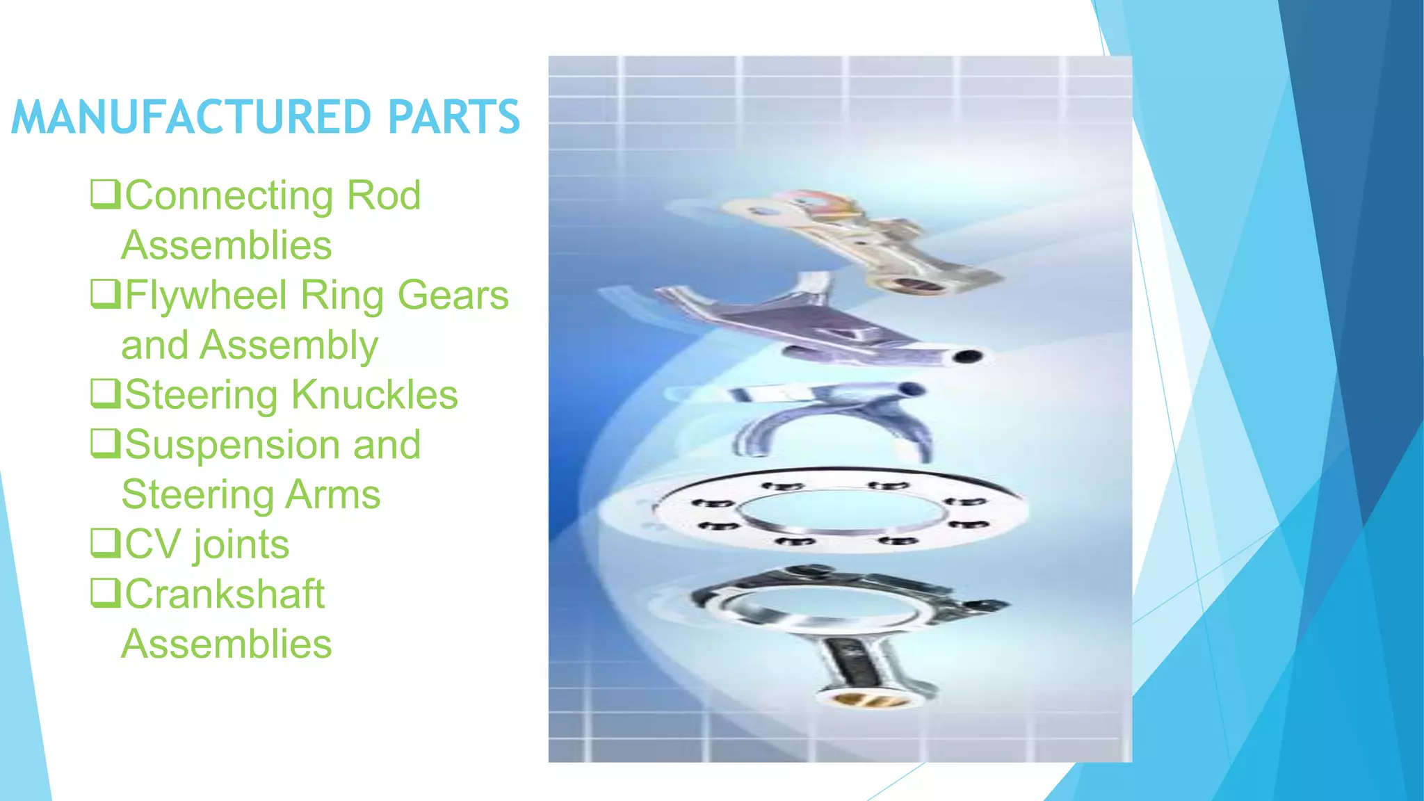 MANUFACTURED PARTS
Connecting Rod
Assemblies
Flywheel Ring Gears
and Assembly
Steering Knuckles
Suspension and
Steering Arms
CV joints
Crankshaft
Assemblies
 