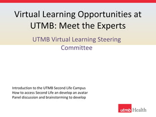 Virtual Learning Opportunities at
UTMB: Meet the Experts
UTMB Virtual Learning Steering
Committee
Introduction to the UTMB Second Life Campus
How to access Second Life an develop an avatar
Panel discussion and brainstorming to develop
 