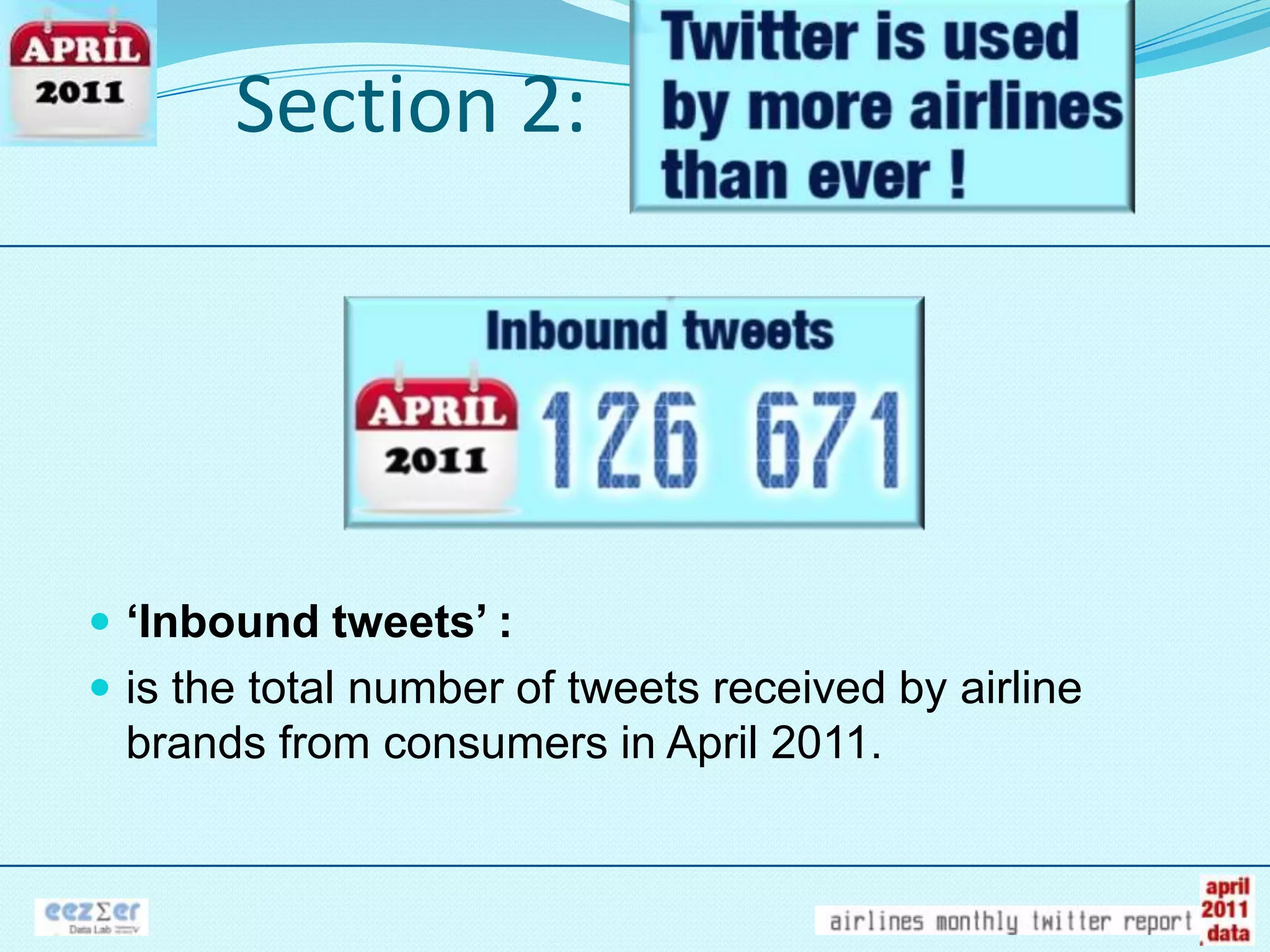 Section 2:‘Inbound tweets’ : is the total number of tweets received by airline brands from consumers in April 2011.