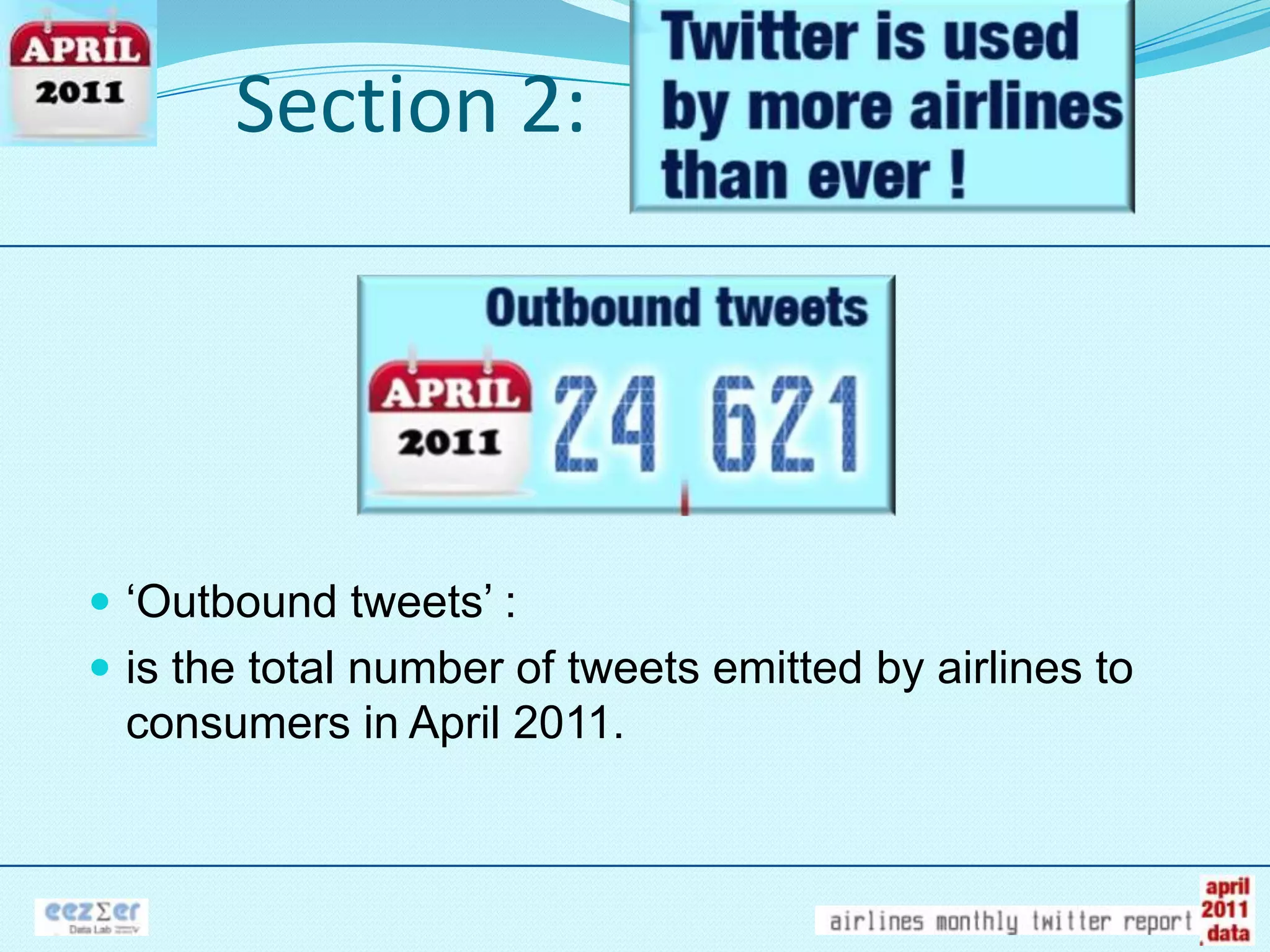 Section 2:‘Outbound tweets’ : is the total number of tweets emitted by airlines to consumers in April 2011.