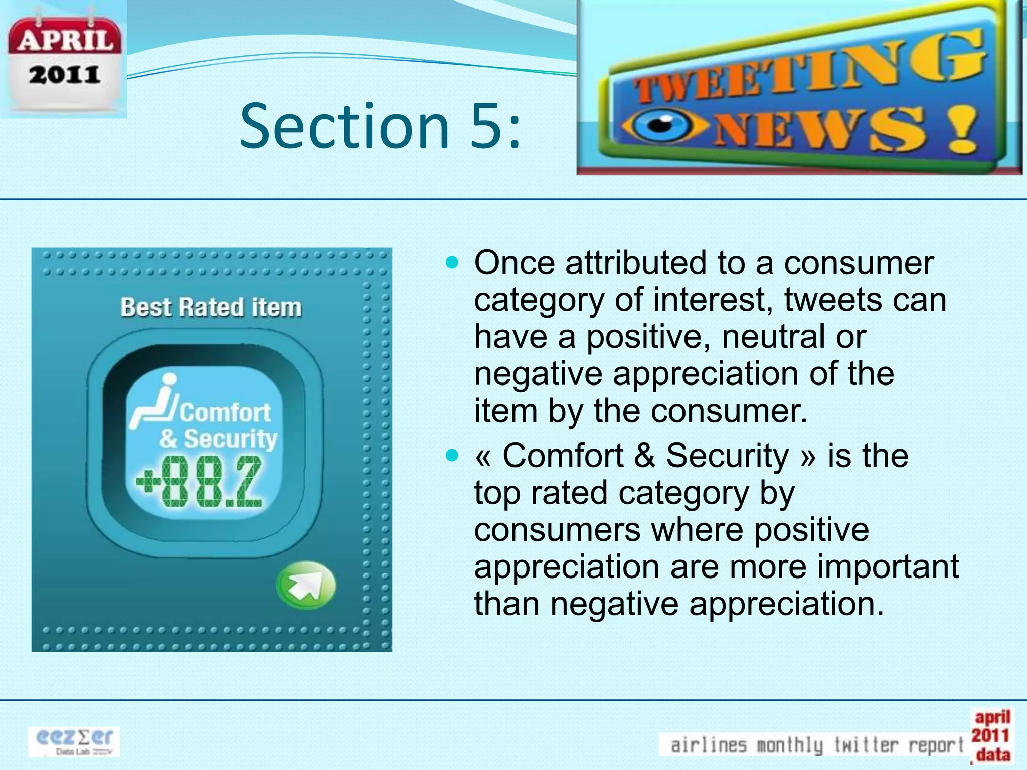 Section 5:Once attributed to a consumer category of interest, tweets can have a positive, neutral or negative appreciation of the item by the consumer.« Comfort & Security » is the top rated category by consumers where positive appreciation are more important than negative appreciation.