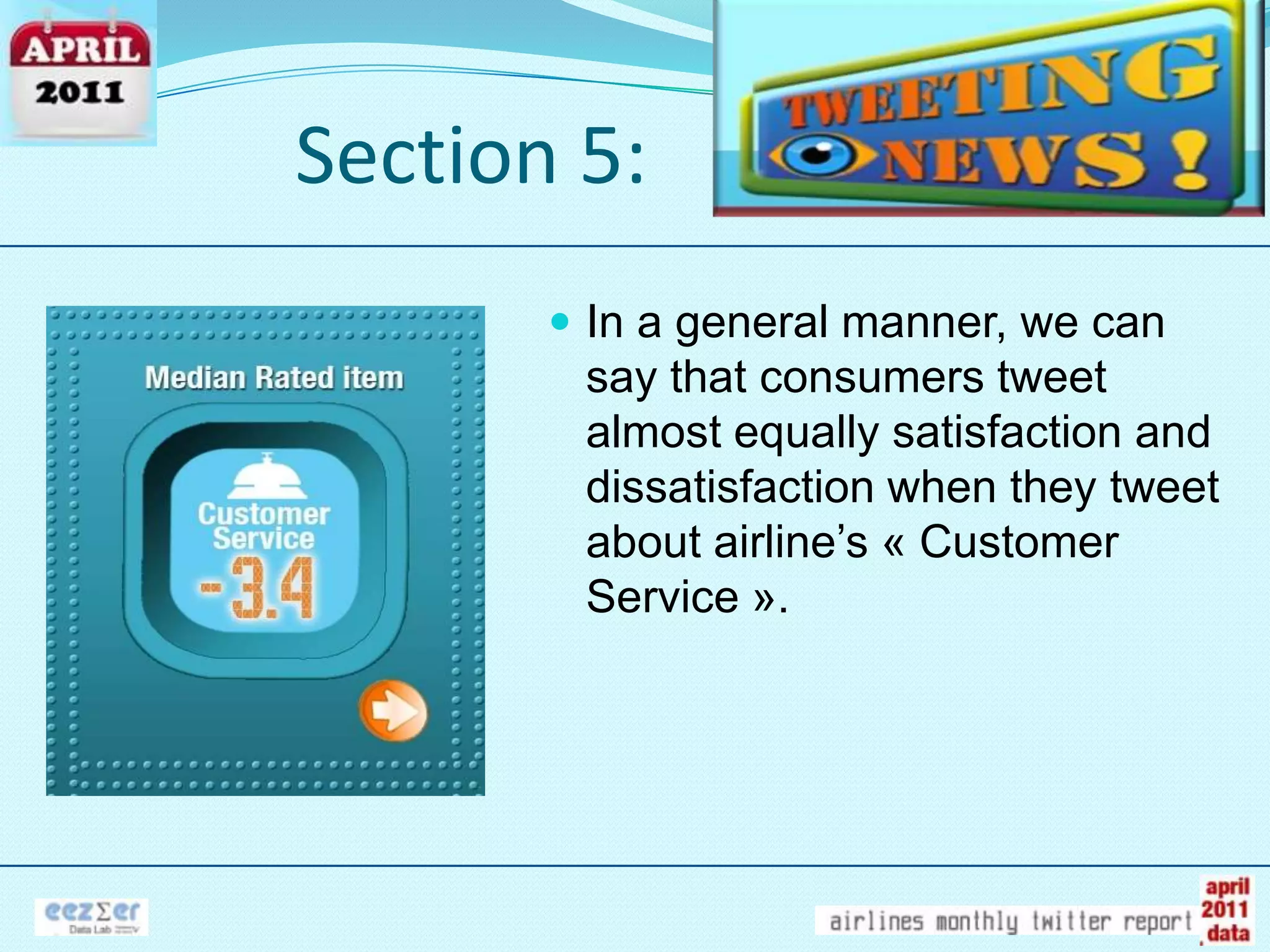 Section 5:In a general manner, we can say that consumers tweet almost equally satisfaction and dissatisfaction when they tweet about airline’s « Customer Service ».