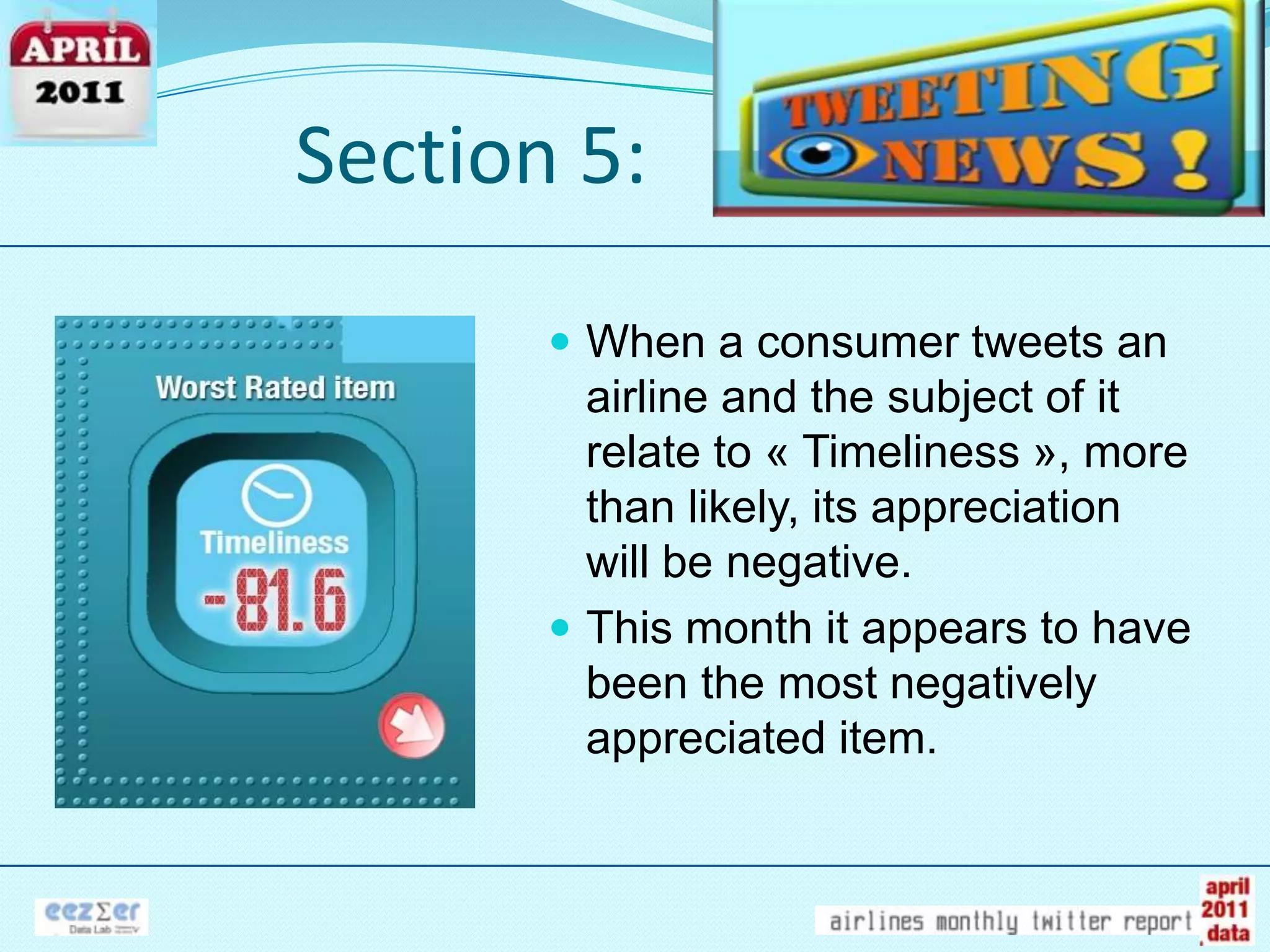 Section 5:When a consumer tweets an airline and the subject of it relate to « Timeliness », more than likely, its appreciation will be negative.This month it appears to have been the most negatively appreciated item.
