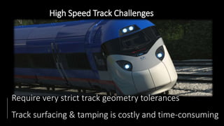 Require very strict track geometry tolerances
Track surfacing & tamping is costly and time-consuming
High Speed Track Challenges
 