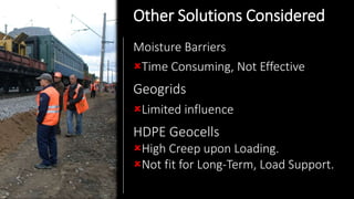 Other Solutions Considered
Moisture Barriers
Time Consuming, Not Effective
Geogrids
Limited influence
HDPE Geocells
High Creep upon Loading.
Not fit for Long-Term, Load Support.
 